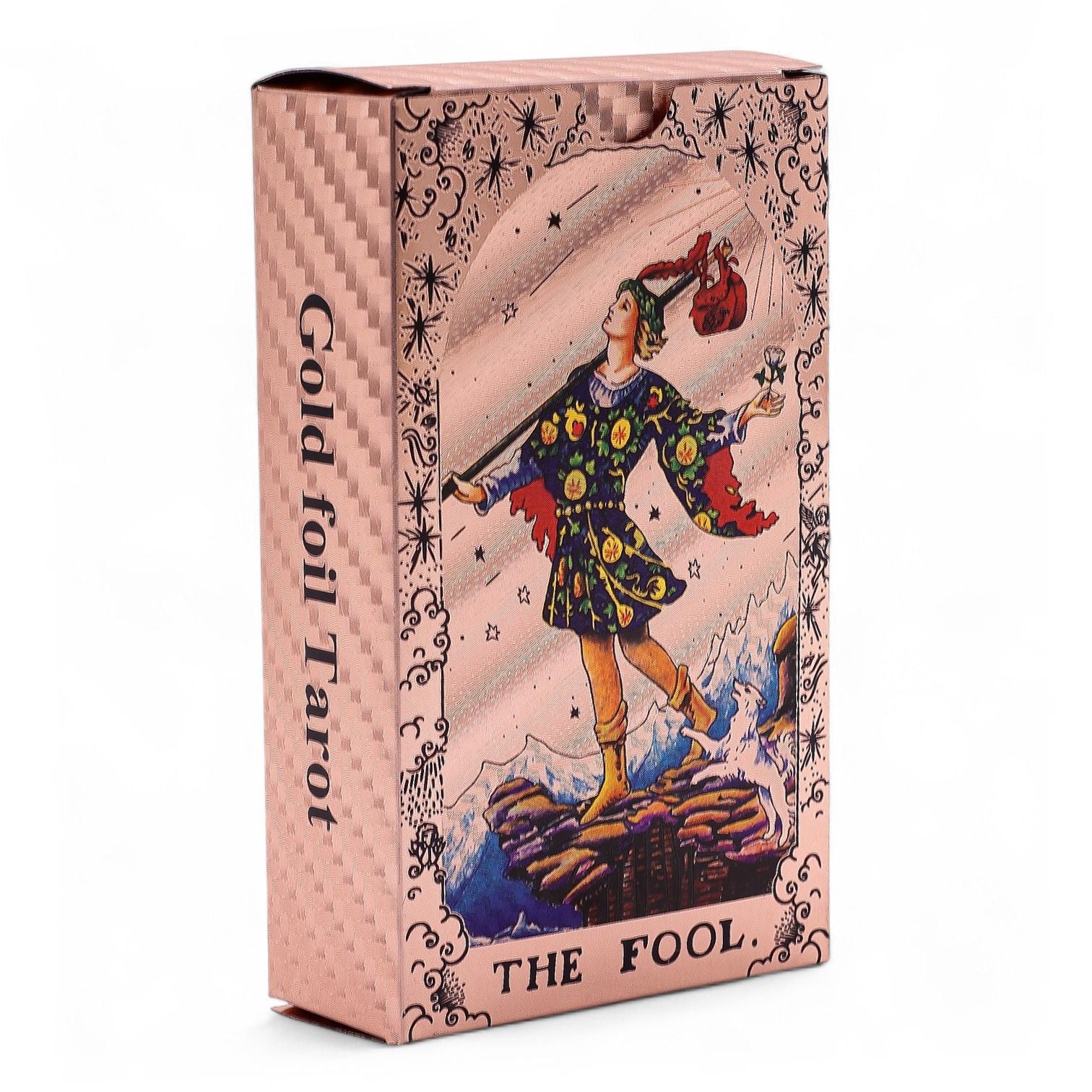 Rosegoldfarbene Tarotkartenbox mit der Abbildung von "The Fool".