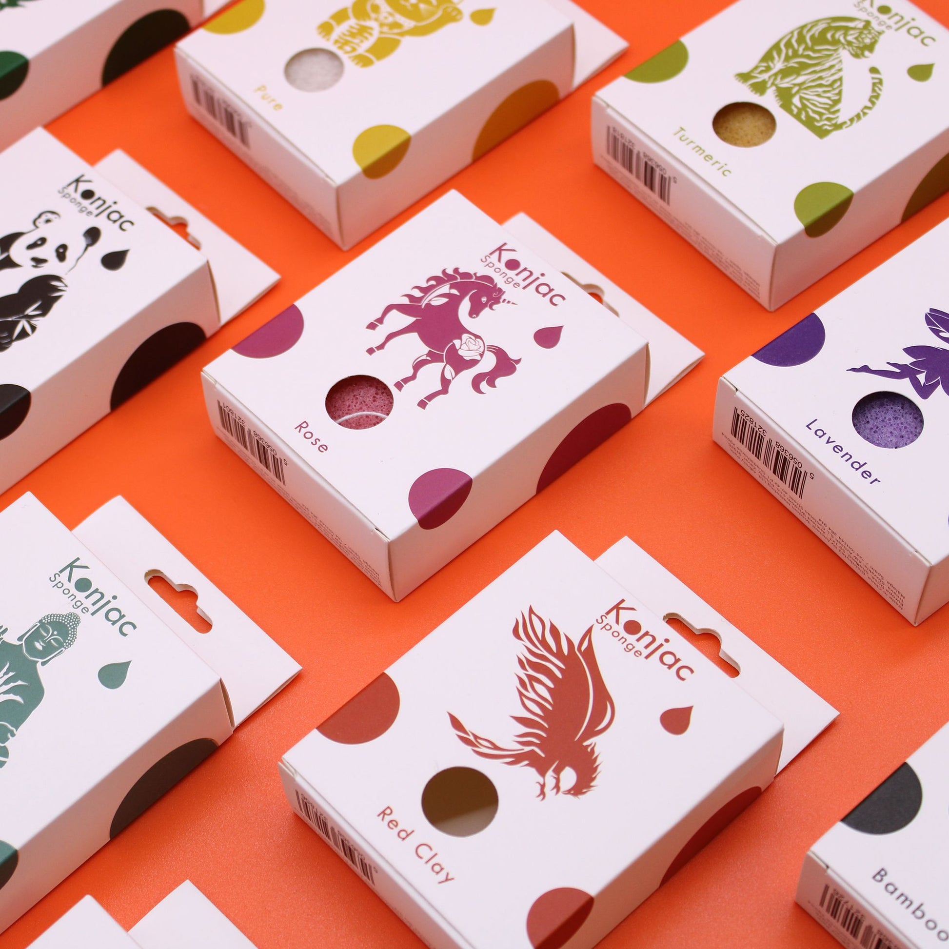 Konjac sponges in various colors and animal designs, including rose, turmeric, and bamboo.