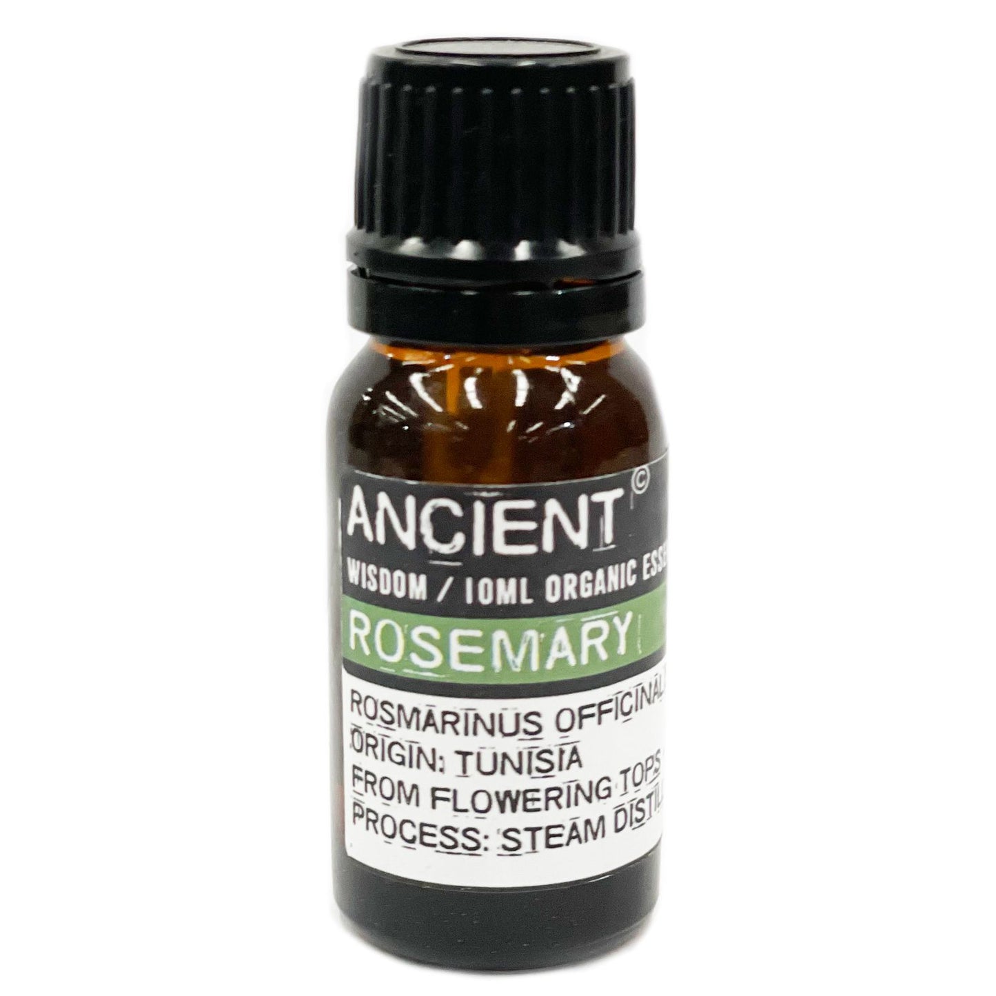 Ancient Wisdom Bio Rosmarin Öl 10ml Flasche mit schwarzem Deckel.