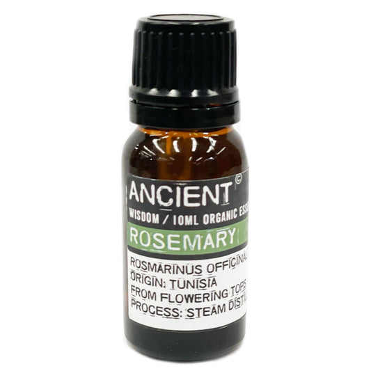 Ancient Wisdom Bio Rosmarin Öl 10ml Flasche mit schwarzem Deckel.