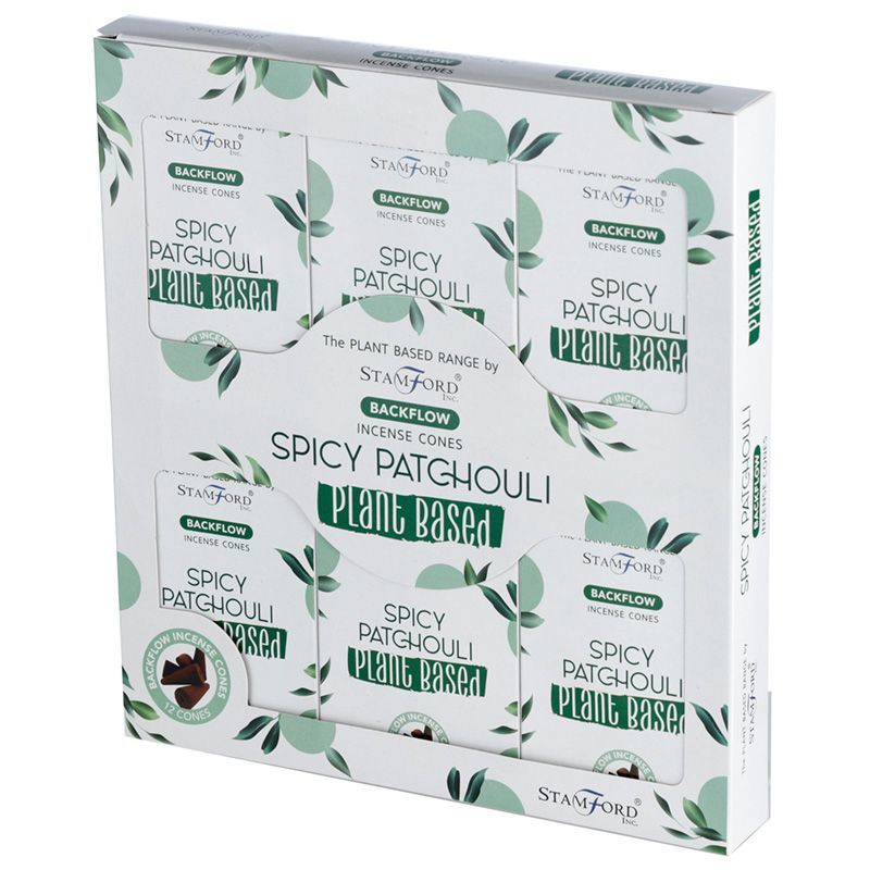 Pflanzliche Backflow Räucherkegel mit Patchouli-Duft in einer Verpackung.