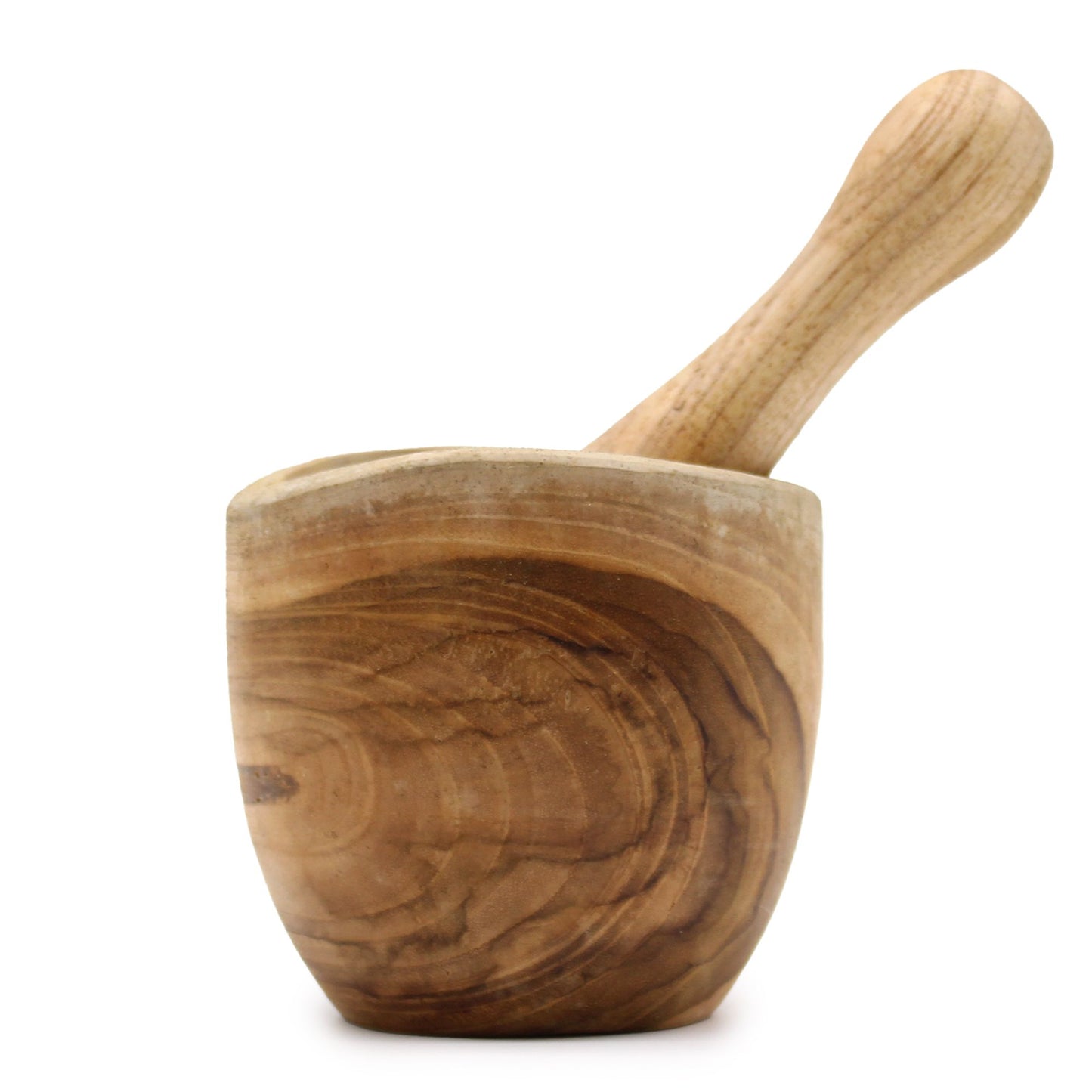 Handgefertigter kleiner Mörser mit Stößel aus Teakholz mit schöner Maserung.