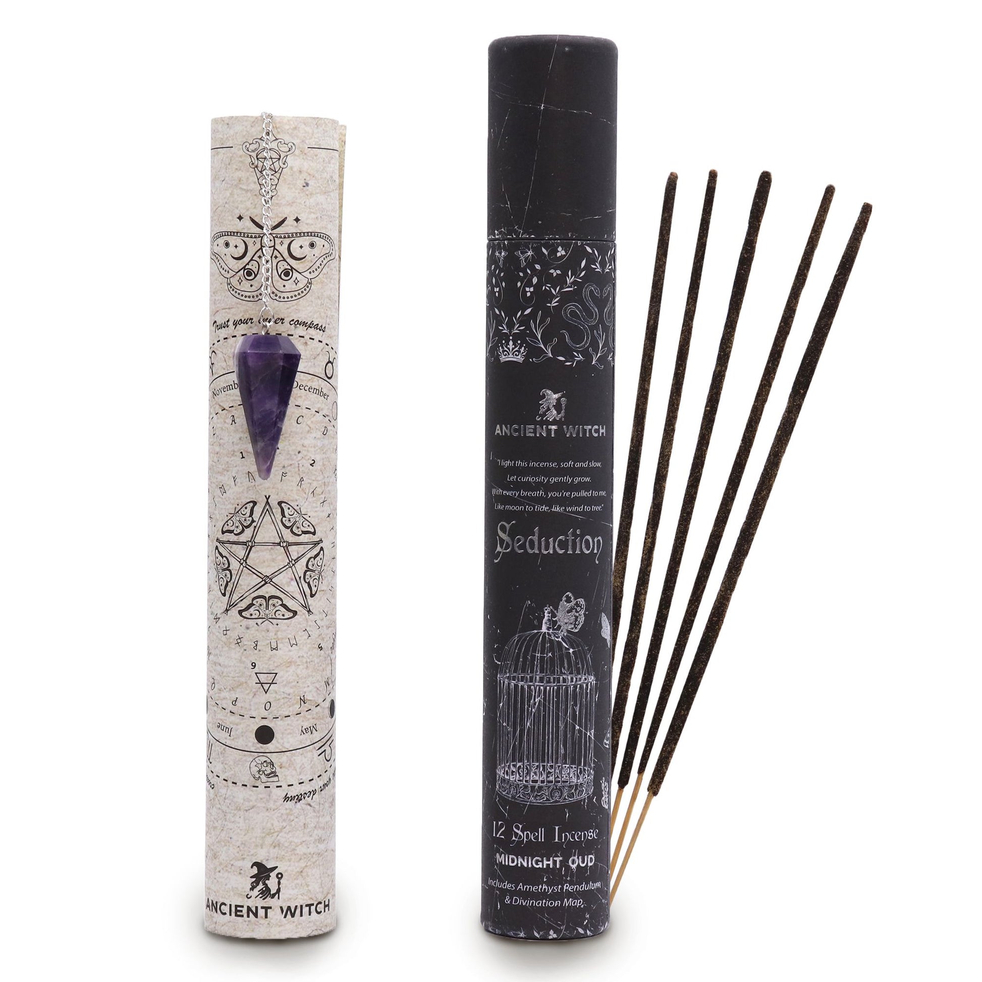 Verführung-Ritual-Set mit Räucherstäbchen und Amethyst-Pendel.