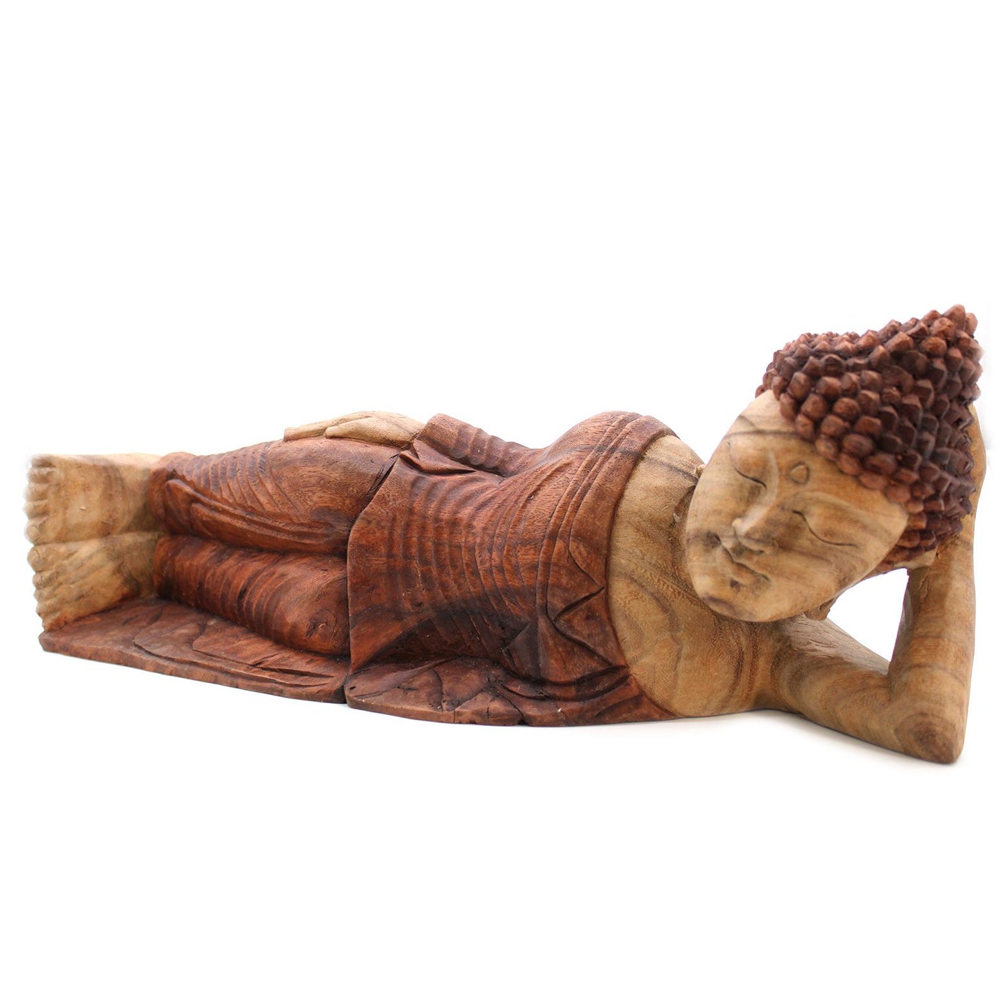 Hand carved wooden statue of a reclining Buddha.