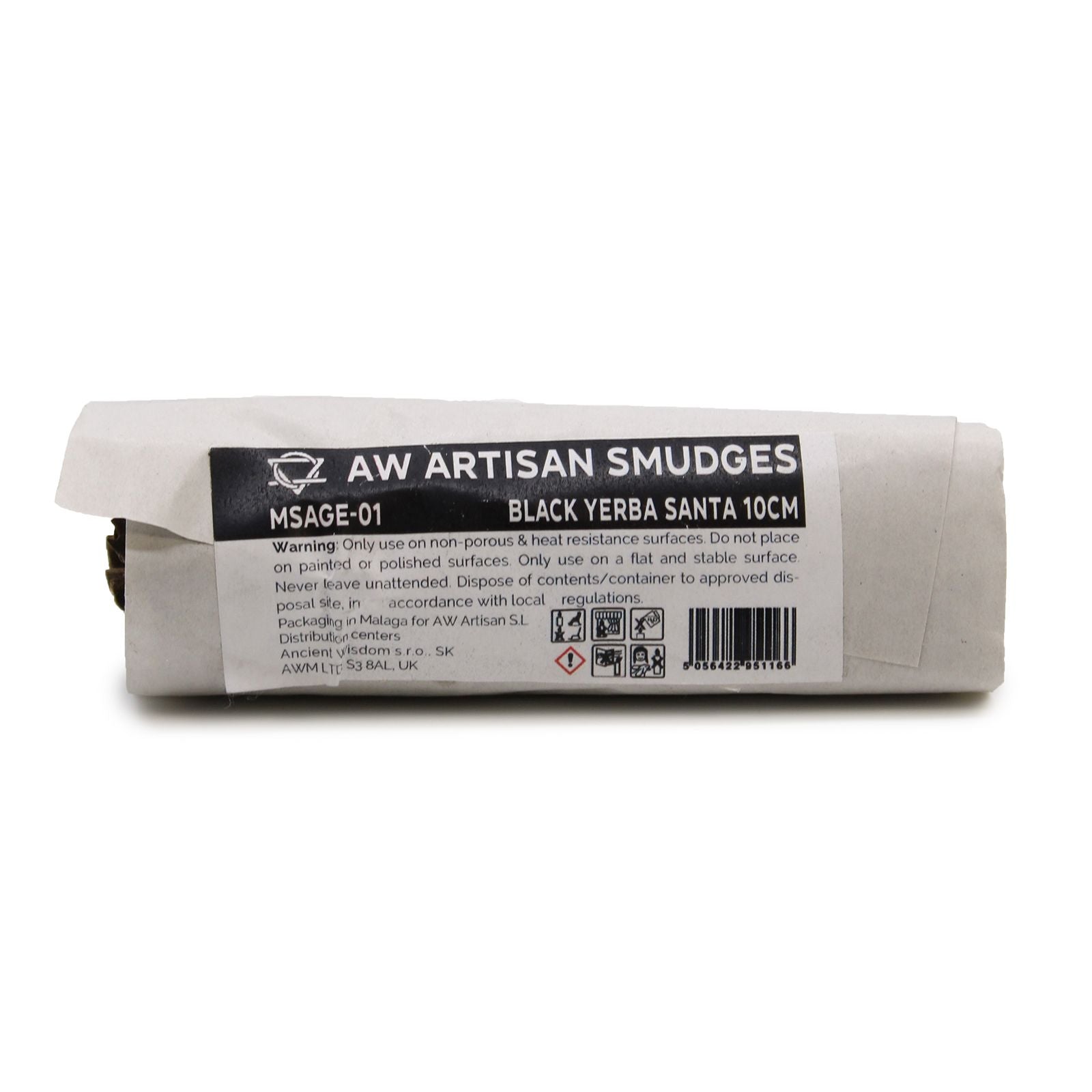 Smudge Stick aus schwarzem Salbei, 10cm lang, in Papier verpackt.