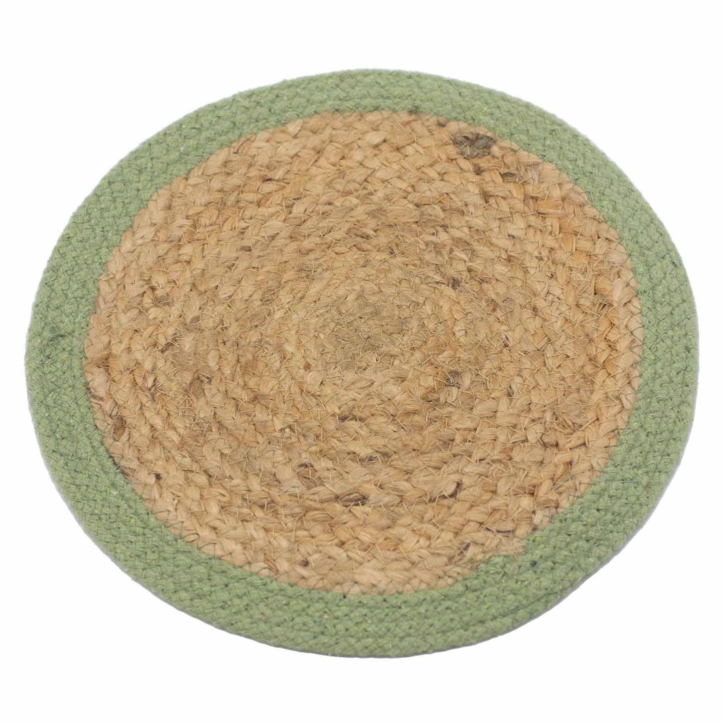 Round jute placemat with an olive green border.