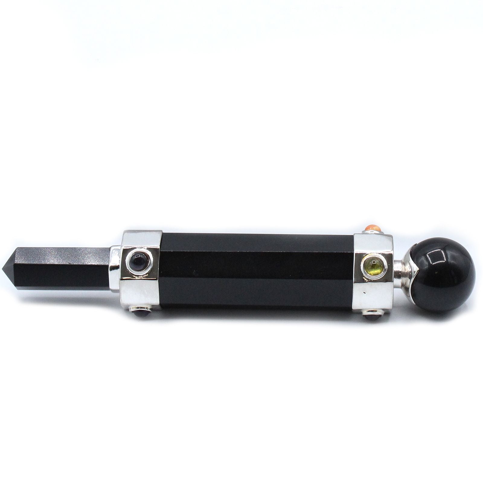 Hexagonal black agate healing wand with silver accents and colorful gemstone inlays.