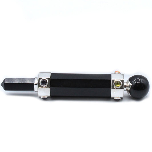 Hexagonal black agate healing wand with silver accents and colorful gemstone inlays.