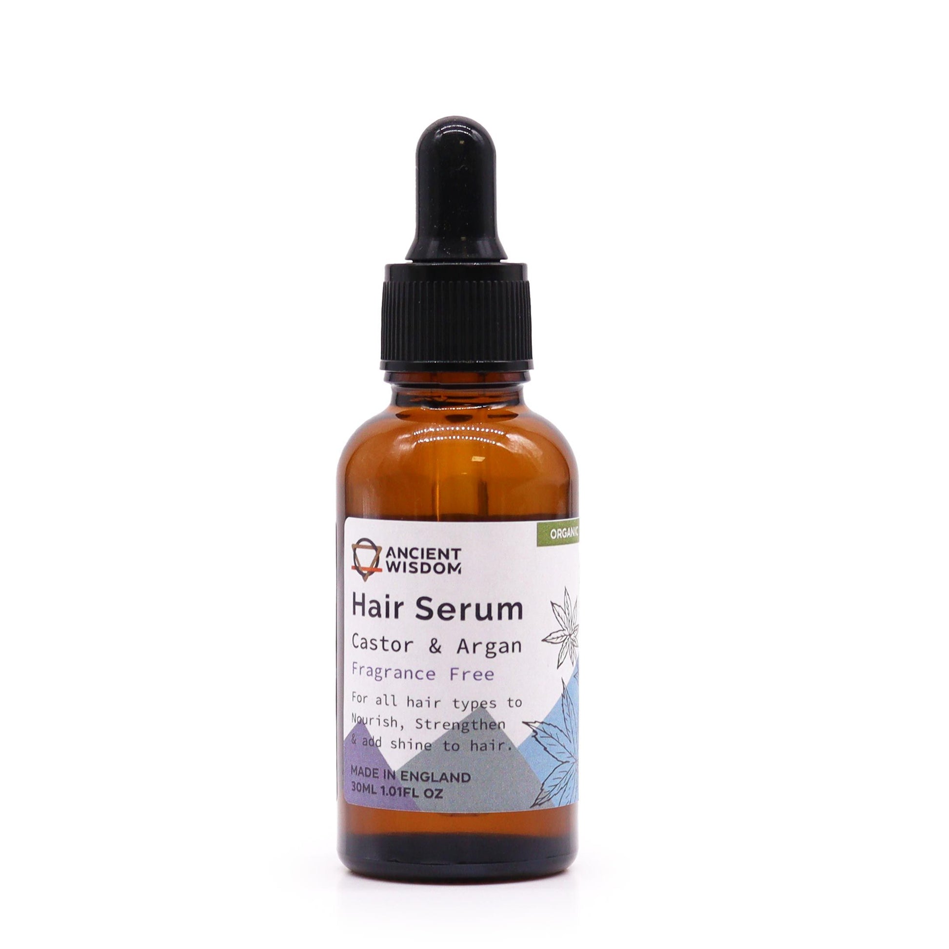 Haarserum aus Rizinus- und Arganöl in einer braunen Glasflasche mit Pipette.