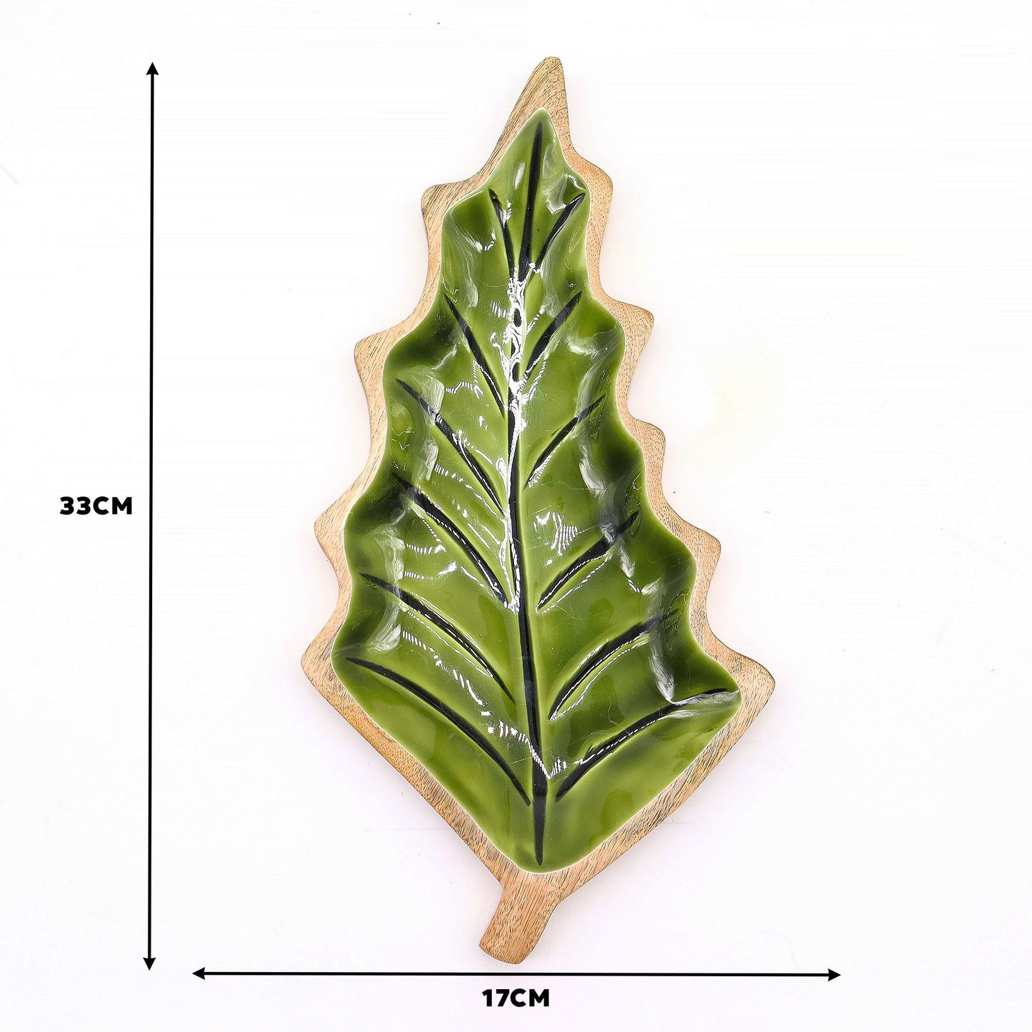 Schale aus Mangoholz in Blattform mit grüner Emaille-Innenseite, 33x17cm.