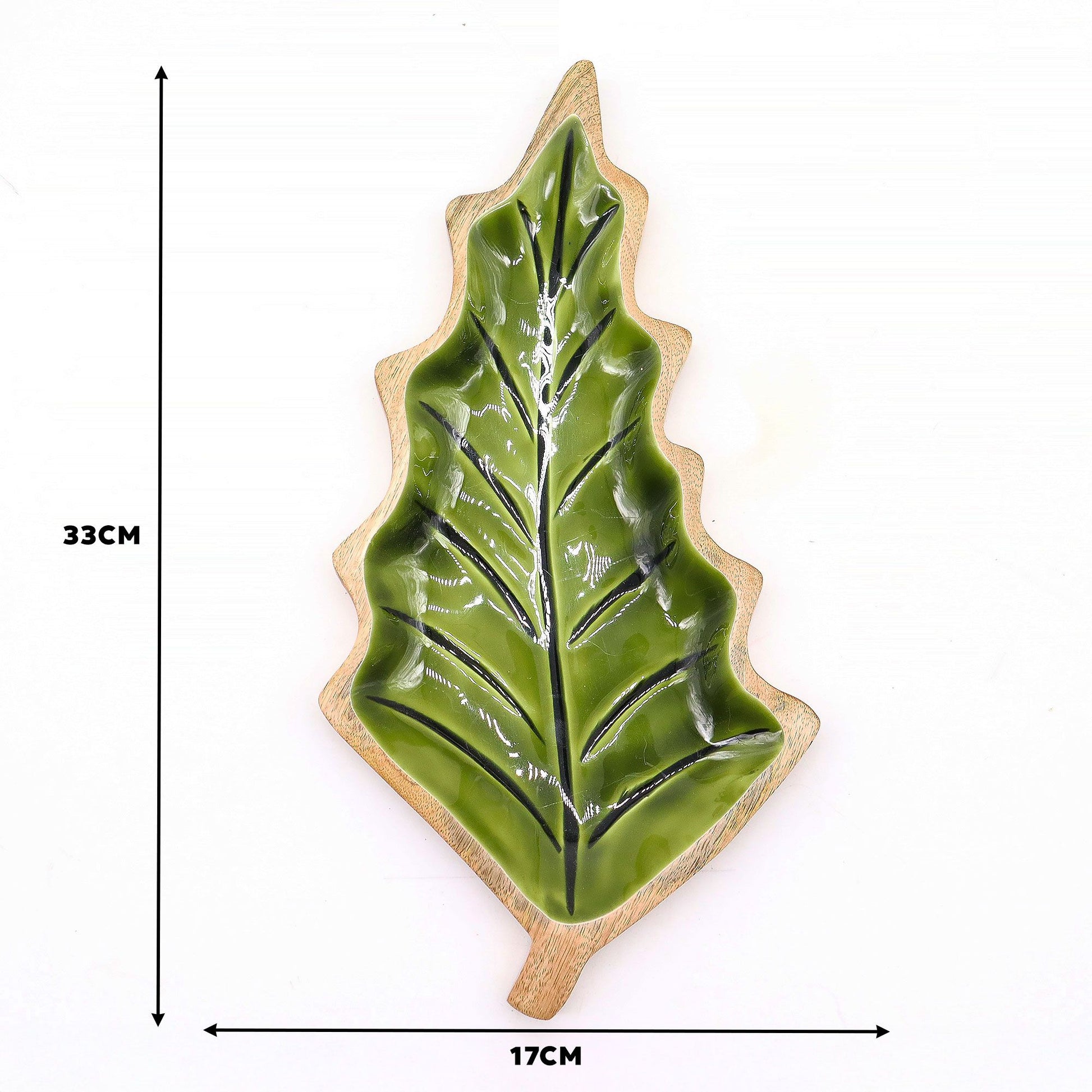 Schale aus Mangoholz in Blattform mit grüner Emaille-Innenseite, 33x17cm.