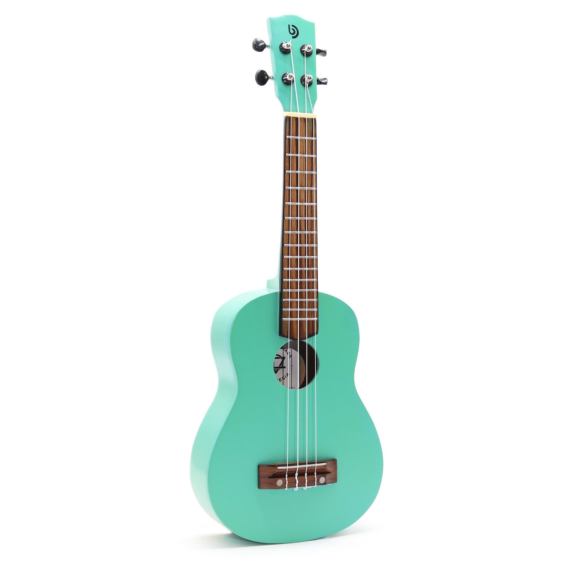 Türkise Ukulele mit vier Saiten und Holzgriffbrett.