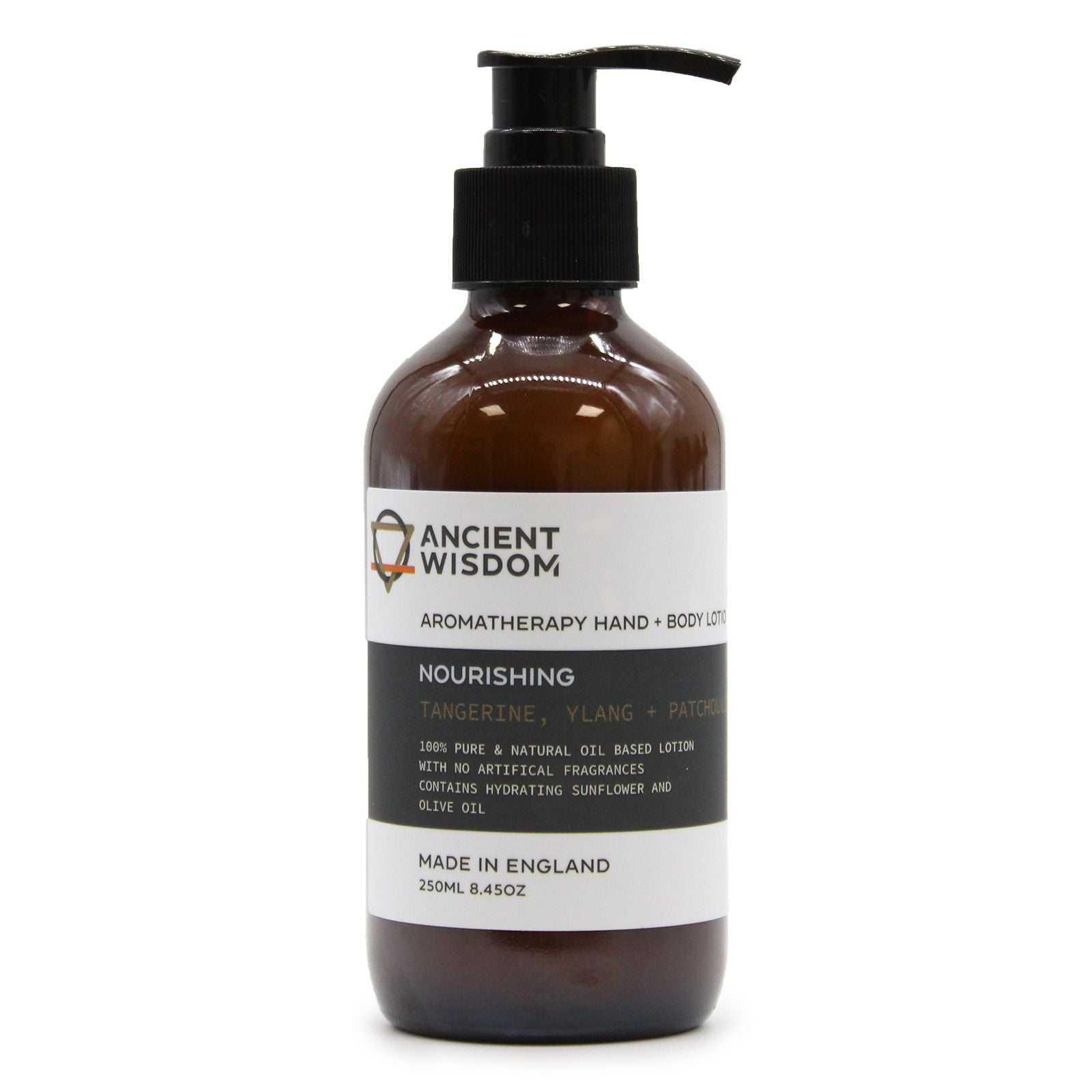 Natürliche Hand- & Körperlotion mit Mandarine, Ylang & Patchouli in brauner Flasche.
