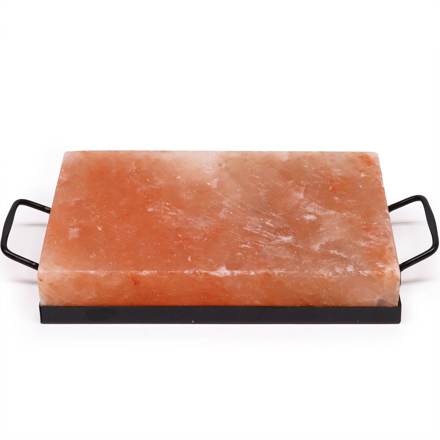 Rechteckige Himalaya-Salz-BBQ-Platte mit schwarzen Griffen.