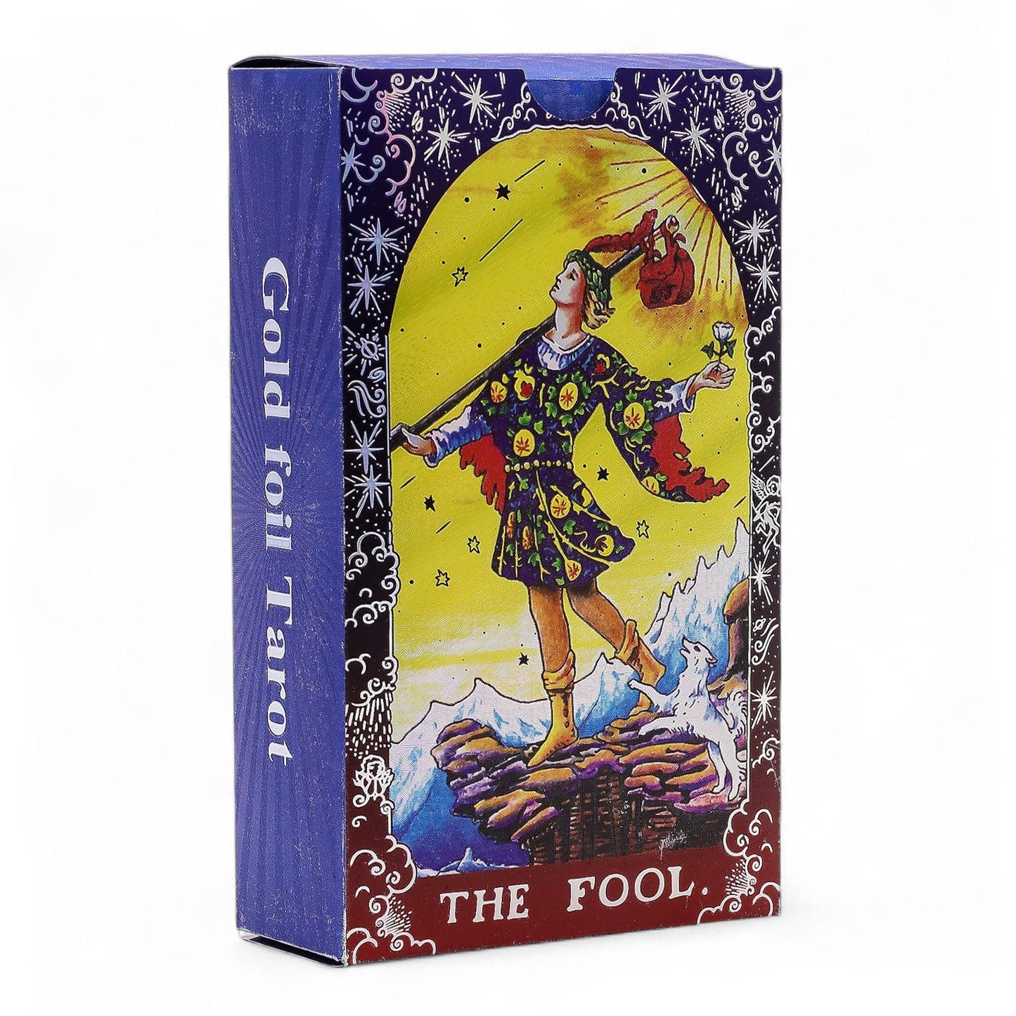 Tarot-Kartenset mit "The Fool" Motiv und blauer Folierung.