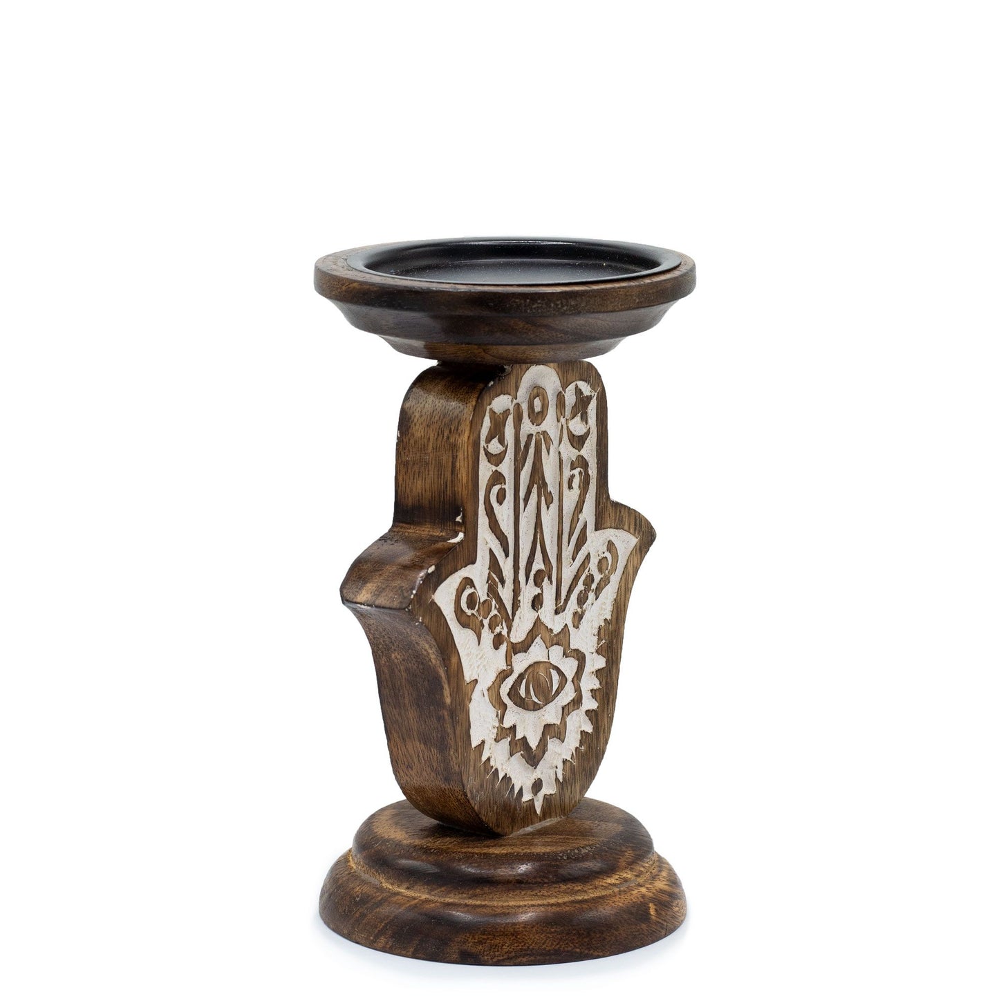 Small mango wood candle stand carved in the shape of a Hamsa hand.