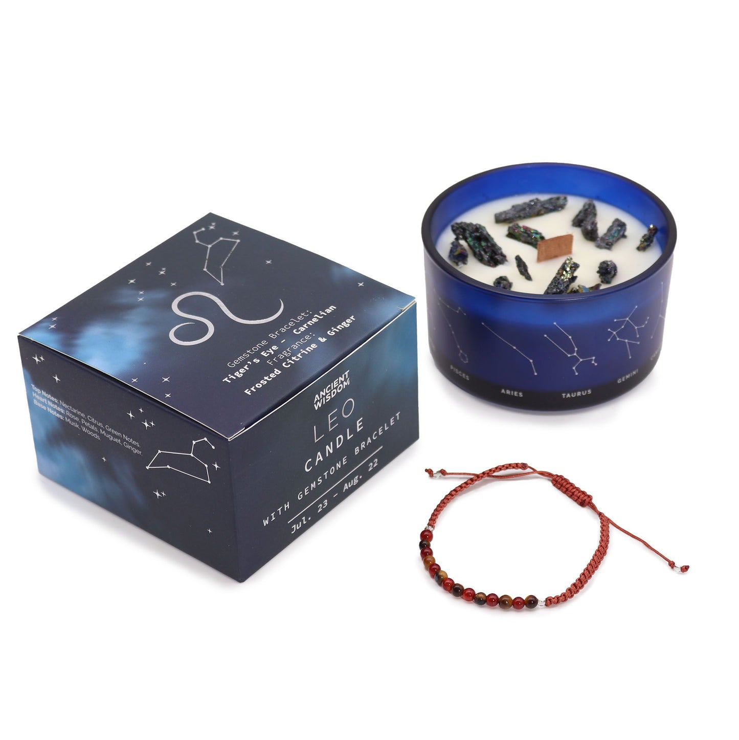 Sternzeichen-Kristallkerze Löwe mit Edelsteinarmband und Sternzeichen-Box.