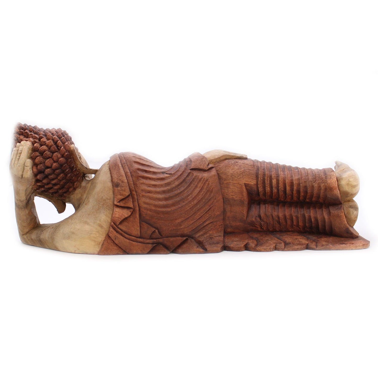 Hand carved wooden sleeping Buddha statue.