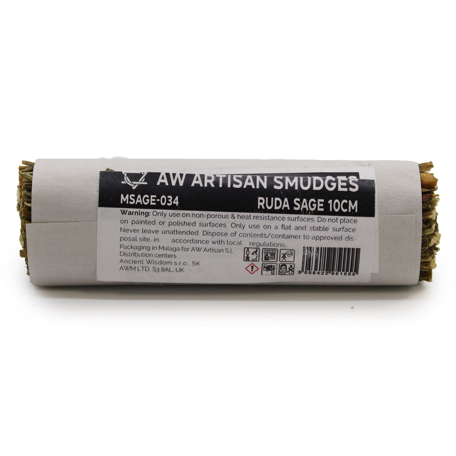 Ruda-Salbei Smudge Stick 10cm mit Warnhinweisen und Barcode.