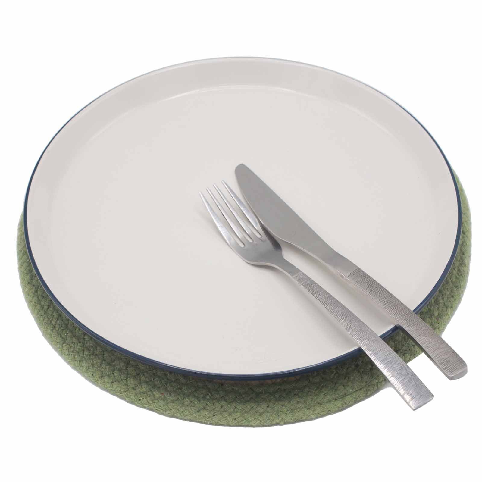 Olive bordered jute and cotton place mat with cutlery.
