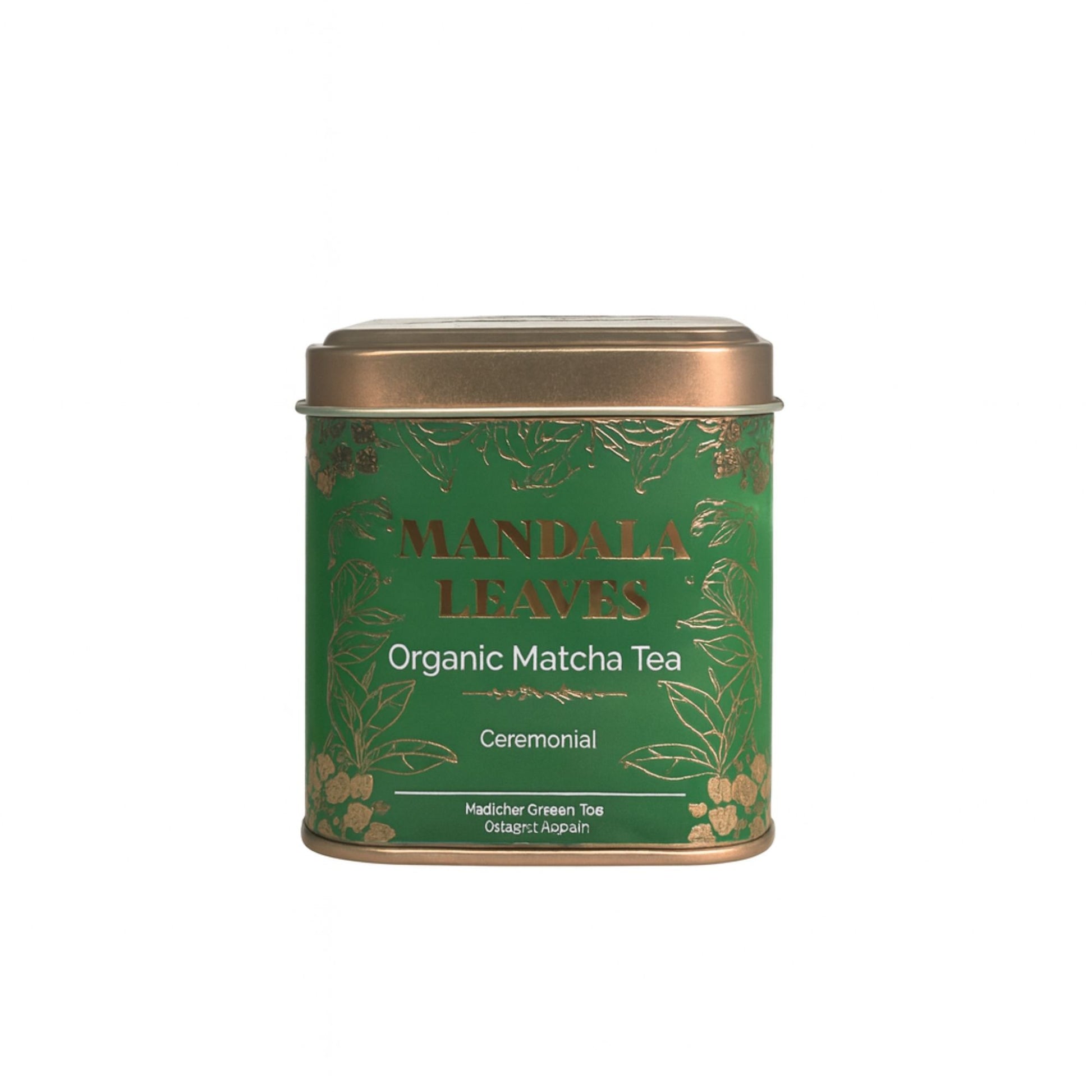 Grüne Metalldose mit Mandala Leaves Organic Ceremonial Matcha Tee.