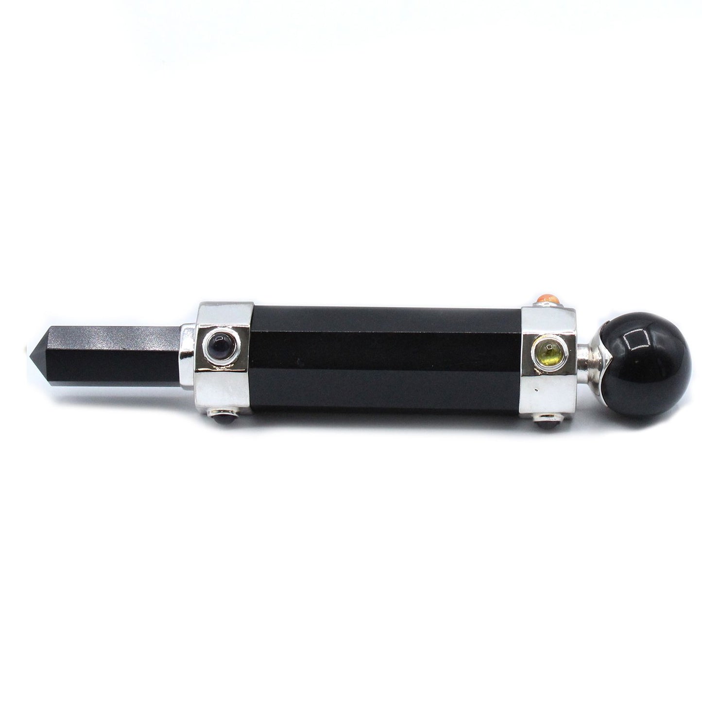 Hexagonal black agate healing wand with silver accents and colorful gemstones.