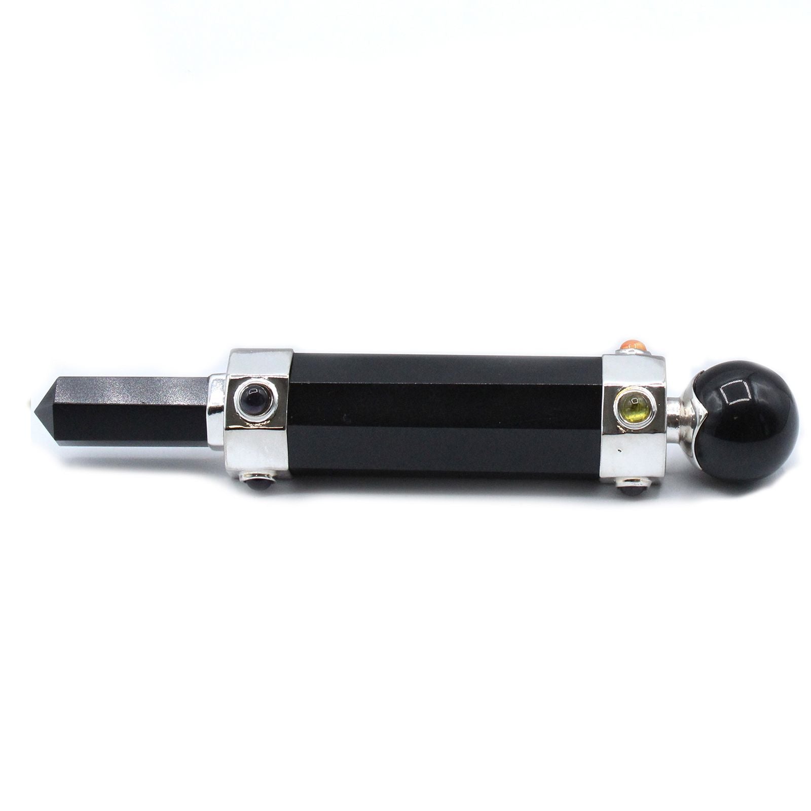 Hexagonal black agate healing wand with silver accents and colorful gemstones.
