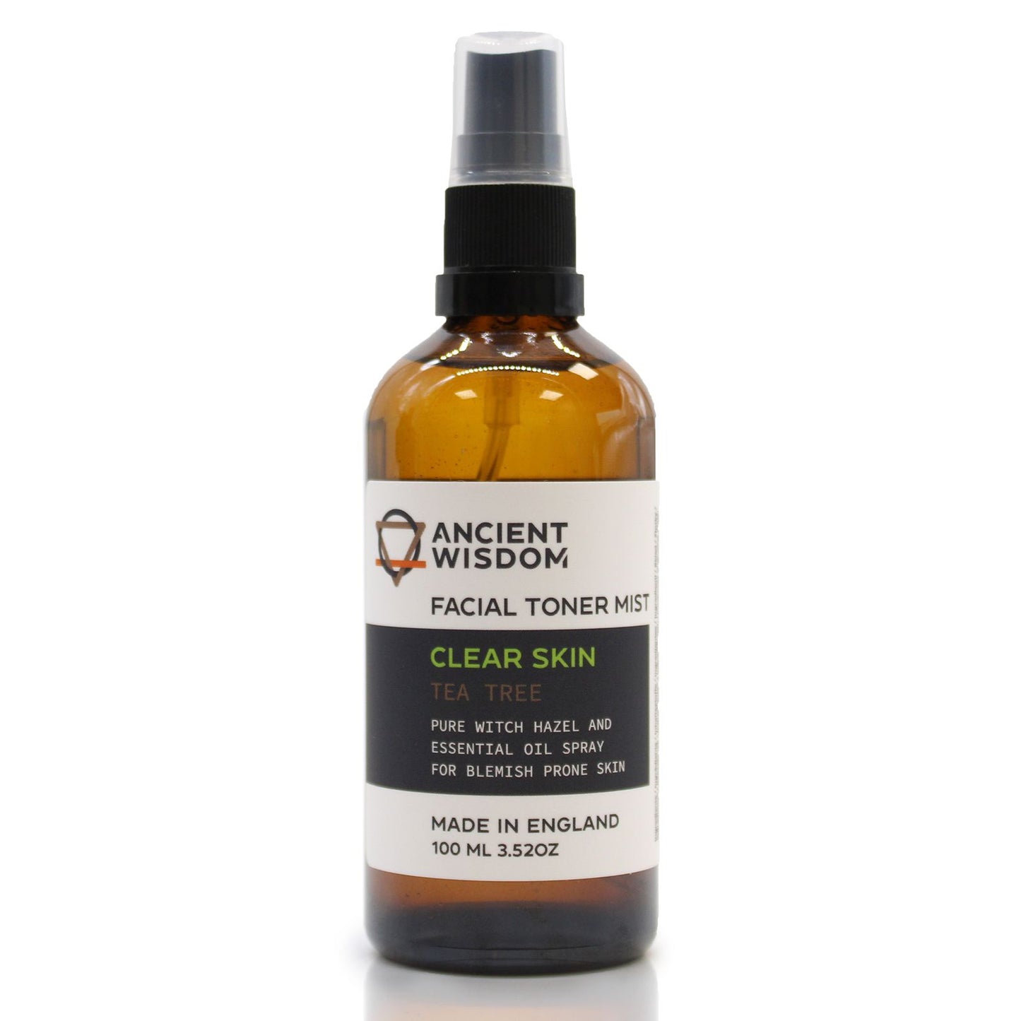 Amber glass bottle of Ancient Wisdom Clear Skin facial toner mist with tea tree.