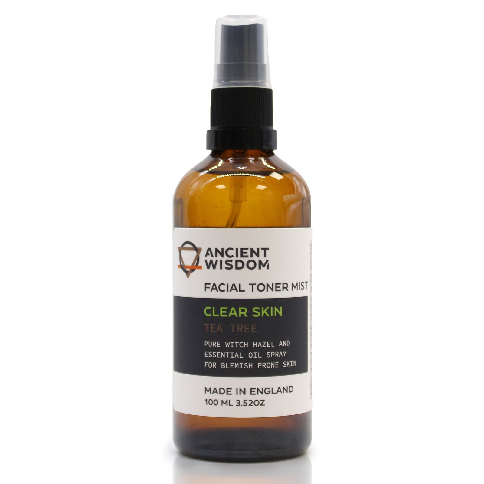 Amber glass bottle of Ancient Wisdom Clear Skin facial toner mist with tea tree.