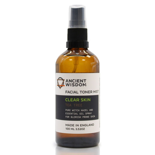 Amber glass bottle of Ancient Wisdom Clear Skin facial toner mist with tea tree.