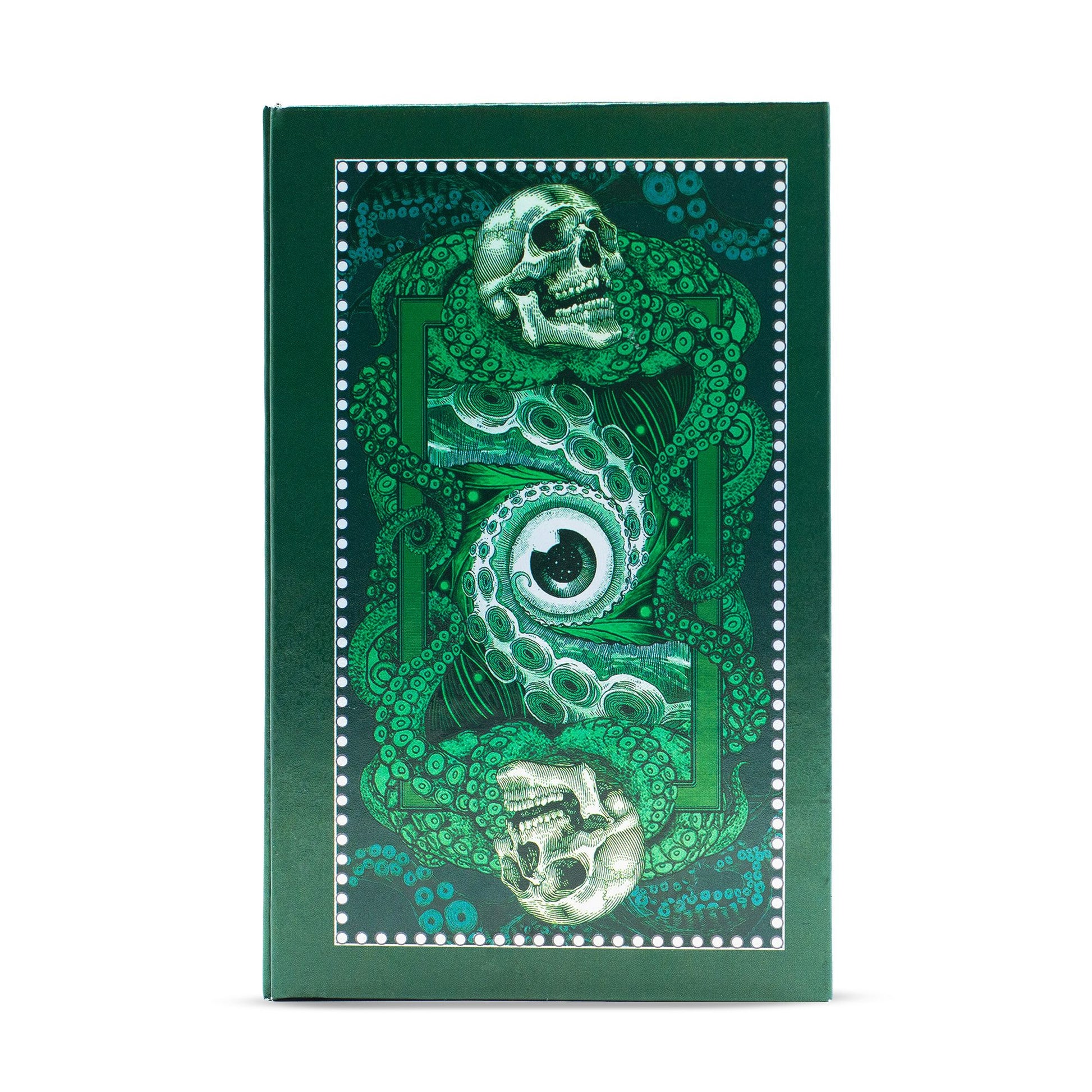 Ein Tarotkarten-Set mit einem tiefgrünen Design, das Schädel und Tentakel zeigt.