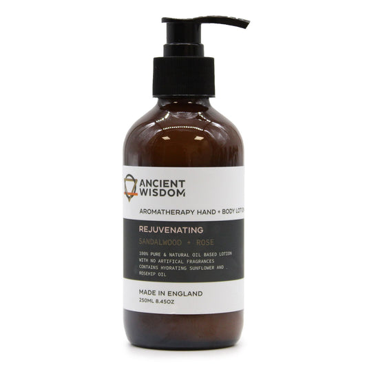 Natürliche Hand- & Körperlotion Sandelholz & Rose in brauner Flasche mit Pumpspender.