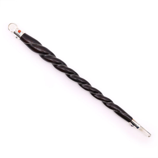 Extra large twisted wood wand with rock quartz tip and red stone accent.