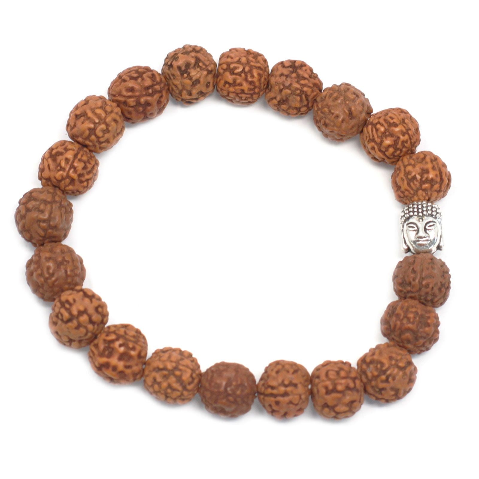 Brown rudraksha beads with a silver Buddha charm on a bangle mala.