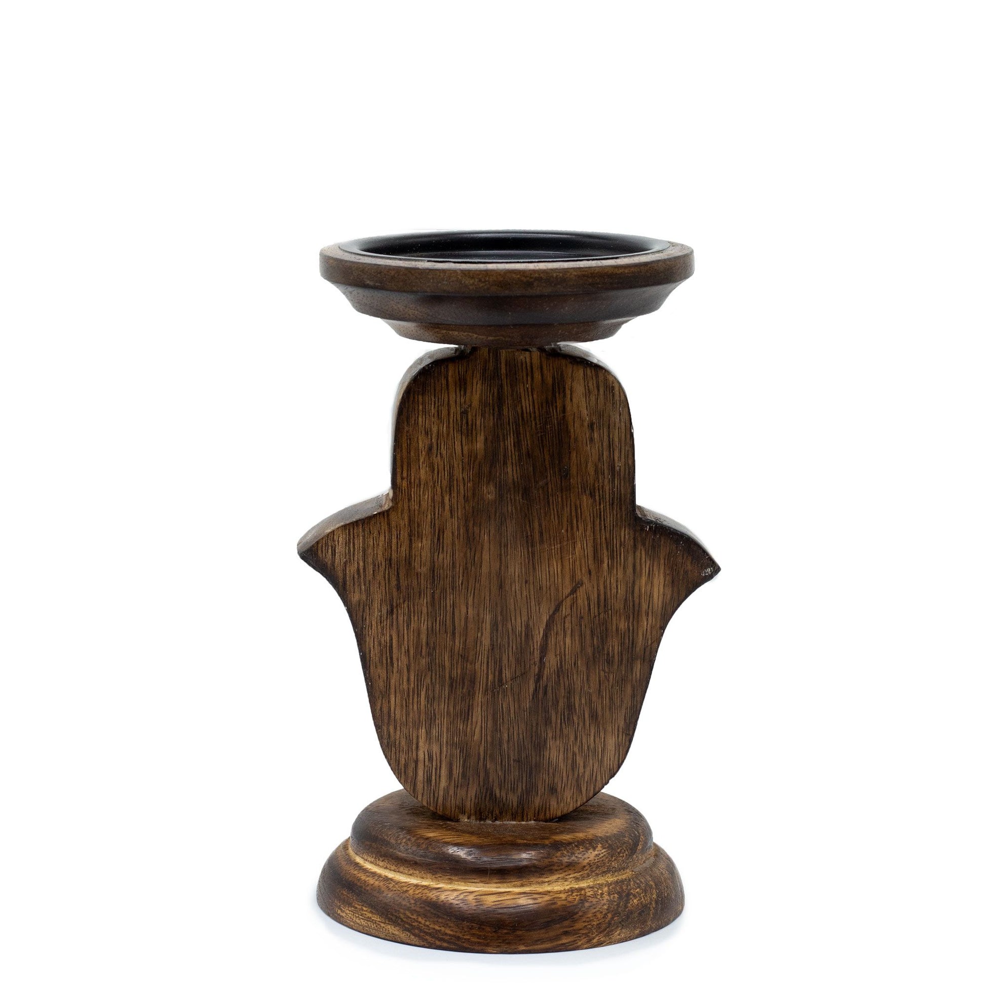 Small mango wood Hamsa hand candle stand with a dark finish.