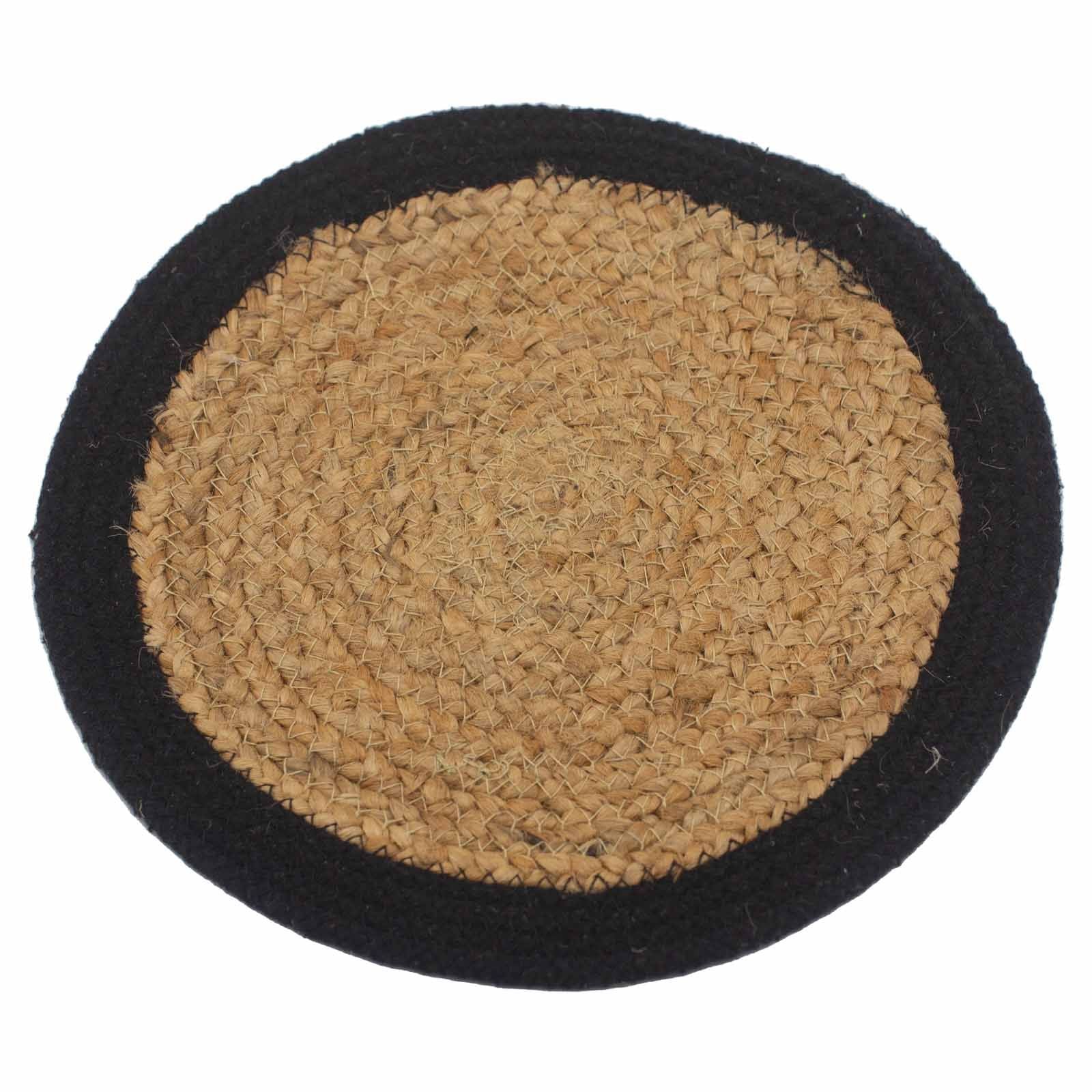 Round jute and cotton placemat with a black border.