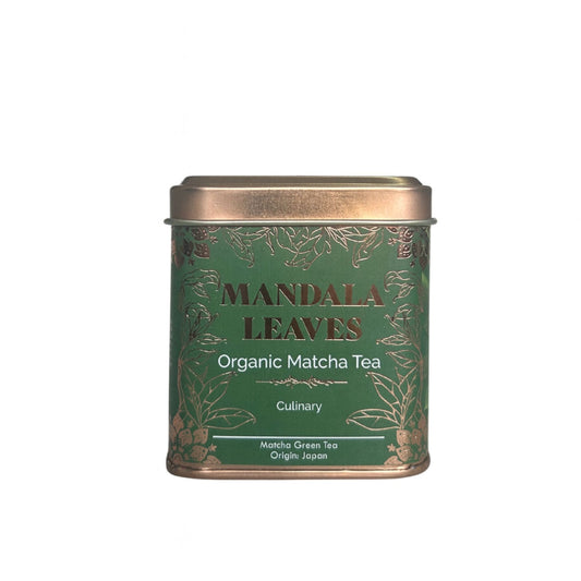 Green tin of Mandala Leaves Organic Culinary Matcha Tea with gold leaf design.