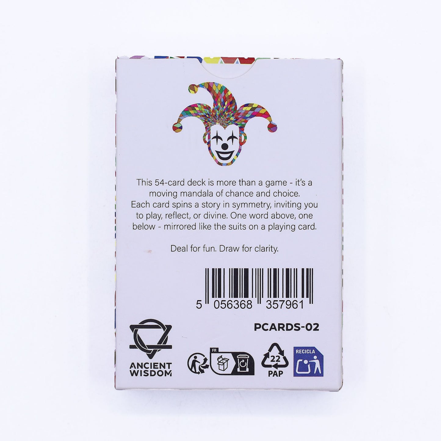 Mindful Mandala Karten mit einem Jester-Motiv und Recycling-Symbolen.
