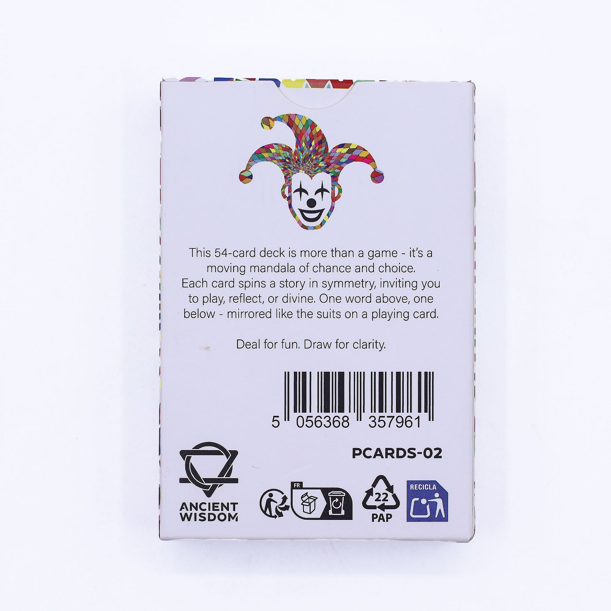 Mindful Mandala Karten mit einem Jester-Motiv und Recycling-Symbolen.