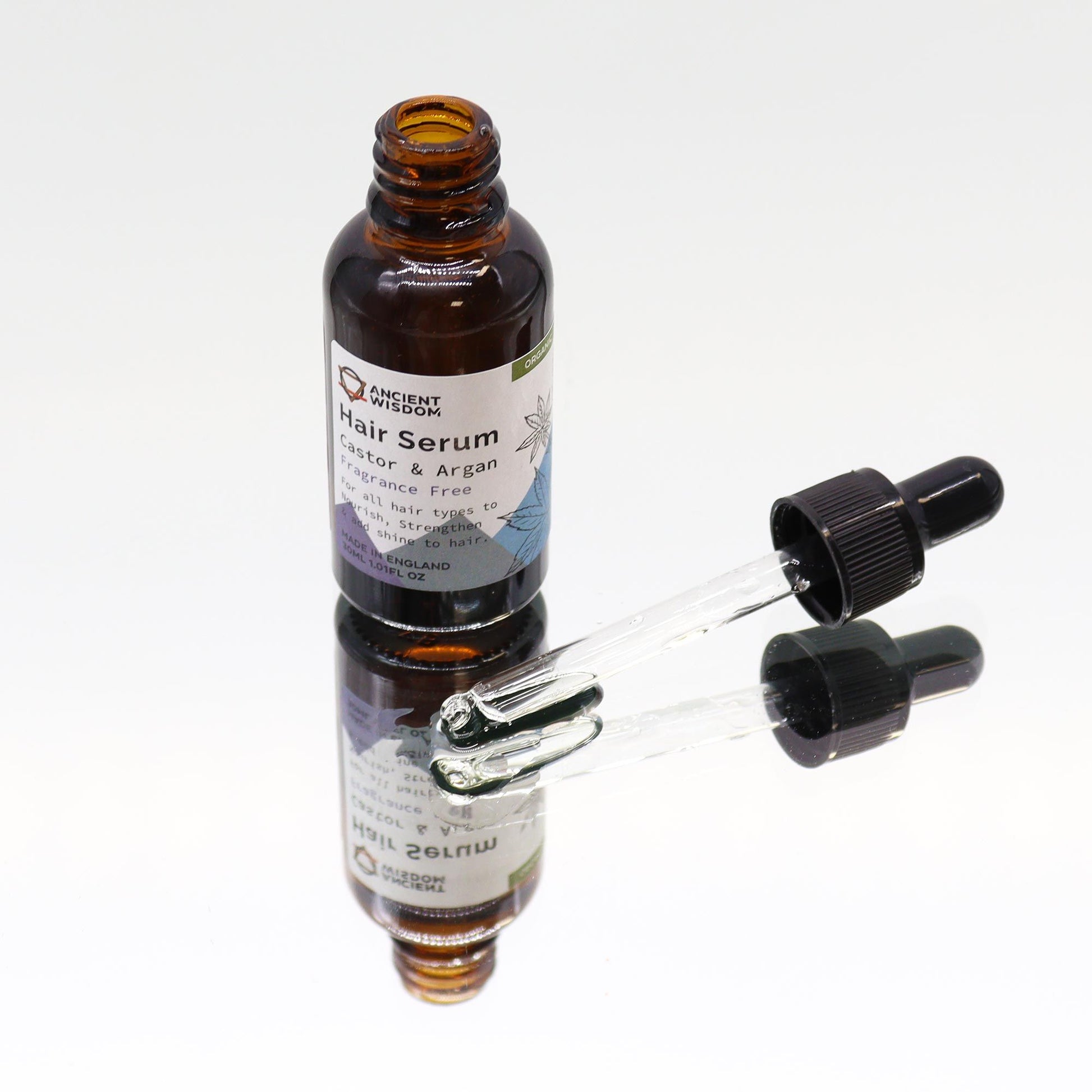 Haarserum aus Rizinus- und Arganöl in einer braunen Glasflasche mit Pipette.