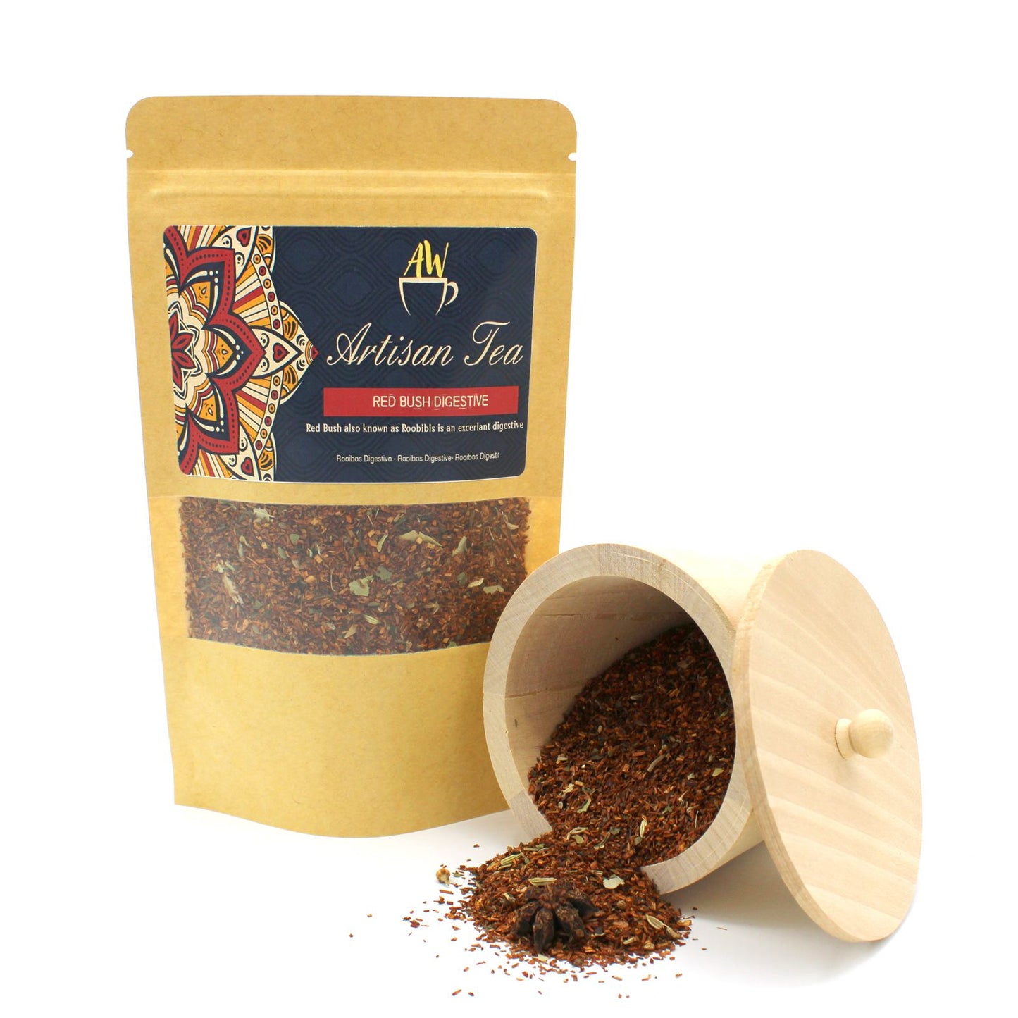 Bag of Red Bush Digestive tea next to a wooden container of loose tea.