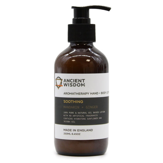 Natürliche Hand- & Körperlotion Mandarine & Ingwer in brauner Flasche mit Pumpspender.