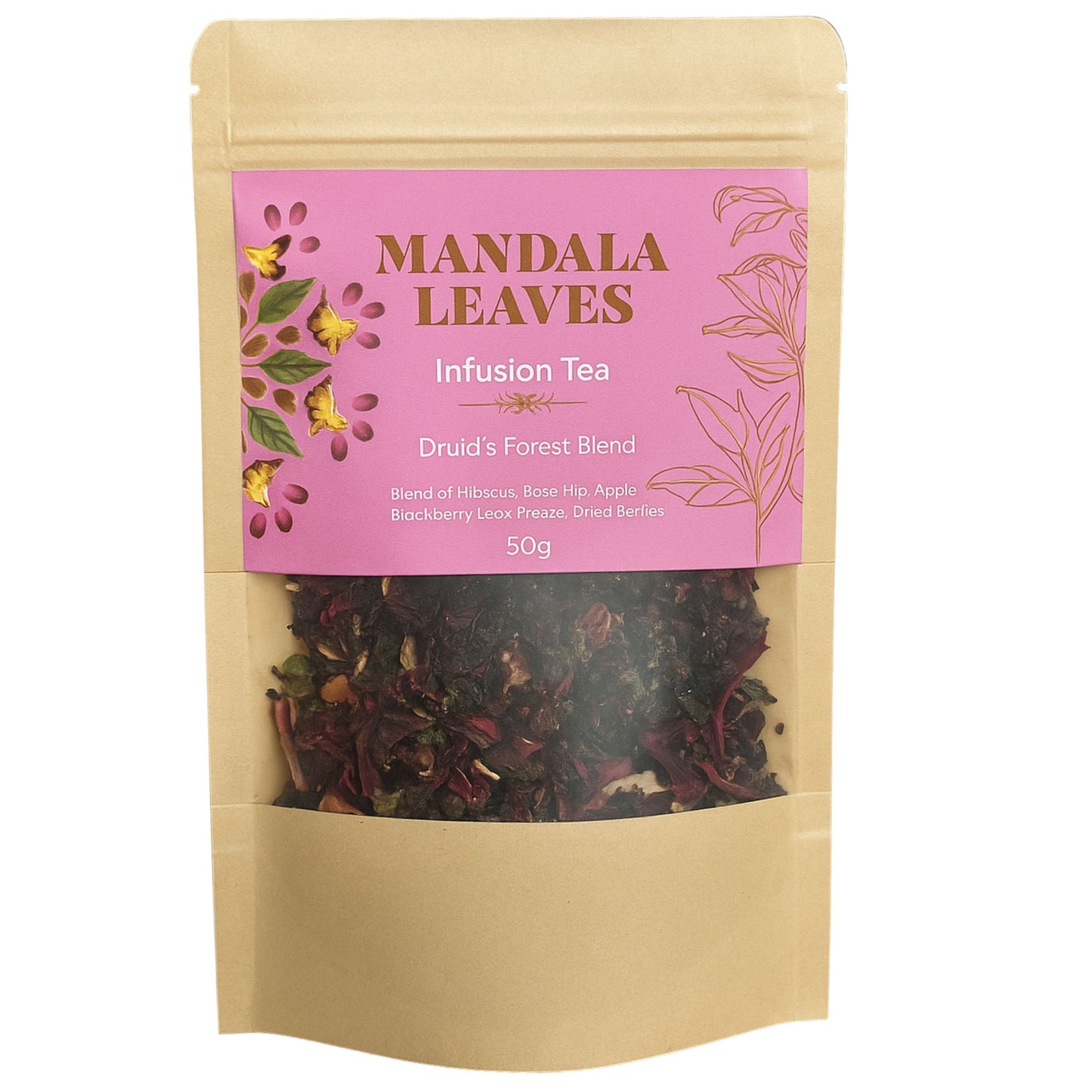 A 50g pouch of Mandala Leaves Druid's Forest Blend infusion tea.