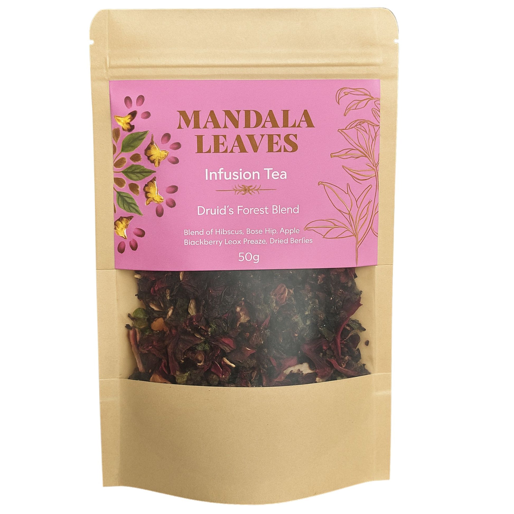 A 50g pouch of Mandala Leaves Druid's Forest Blend infusion tea.