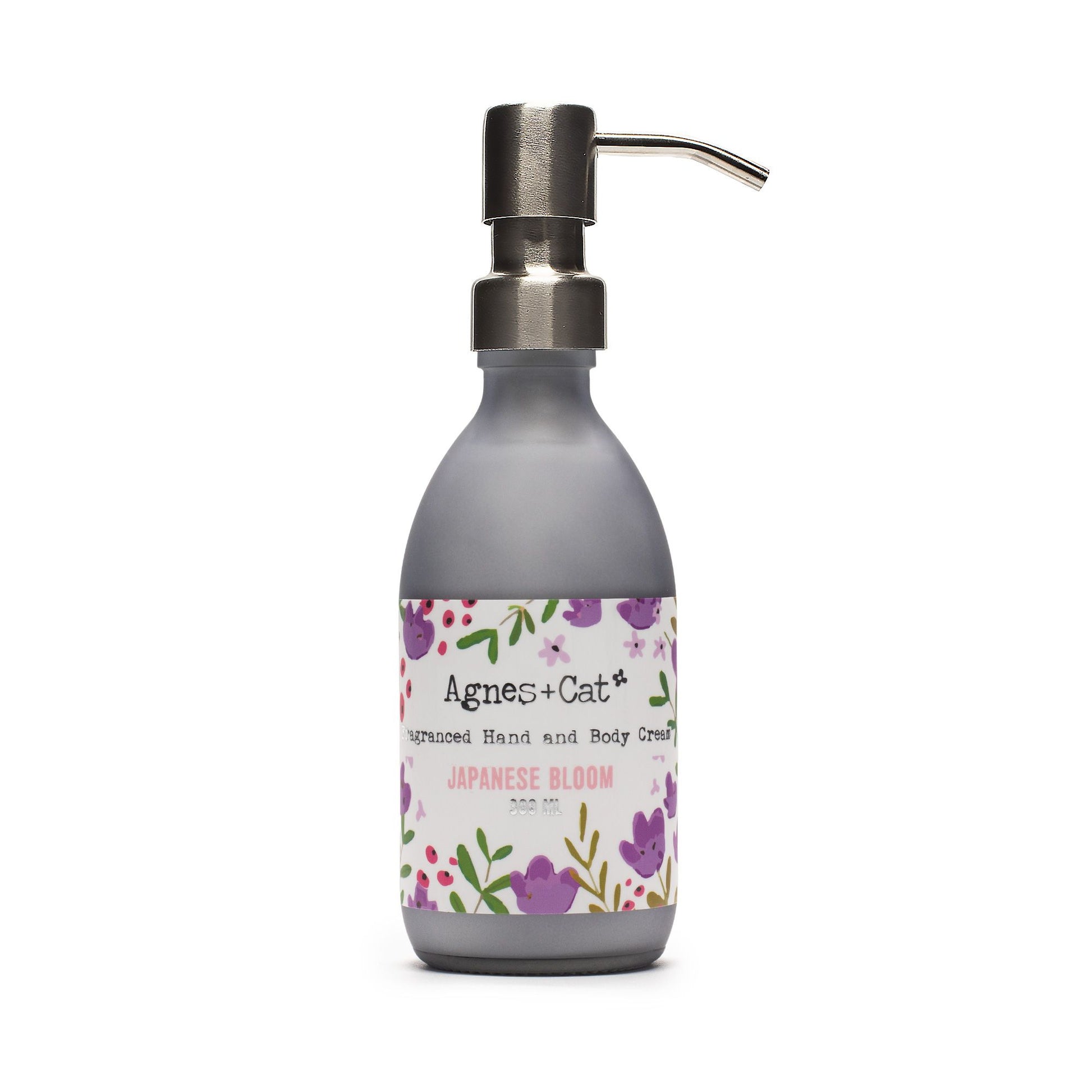 Agnes+Cat Japanese Bloom fragranced hand and body cream in a grey pump bottle.