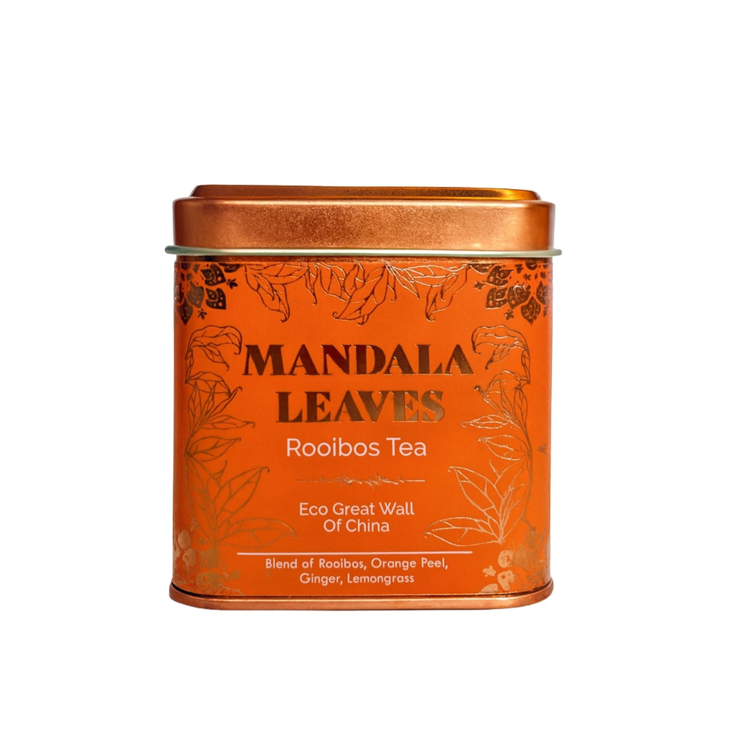 Orange Teedose mit Mandala Leaves Rooibos Tea Aufschrift und Blattmuster.