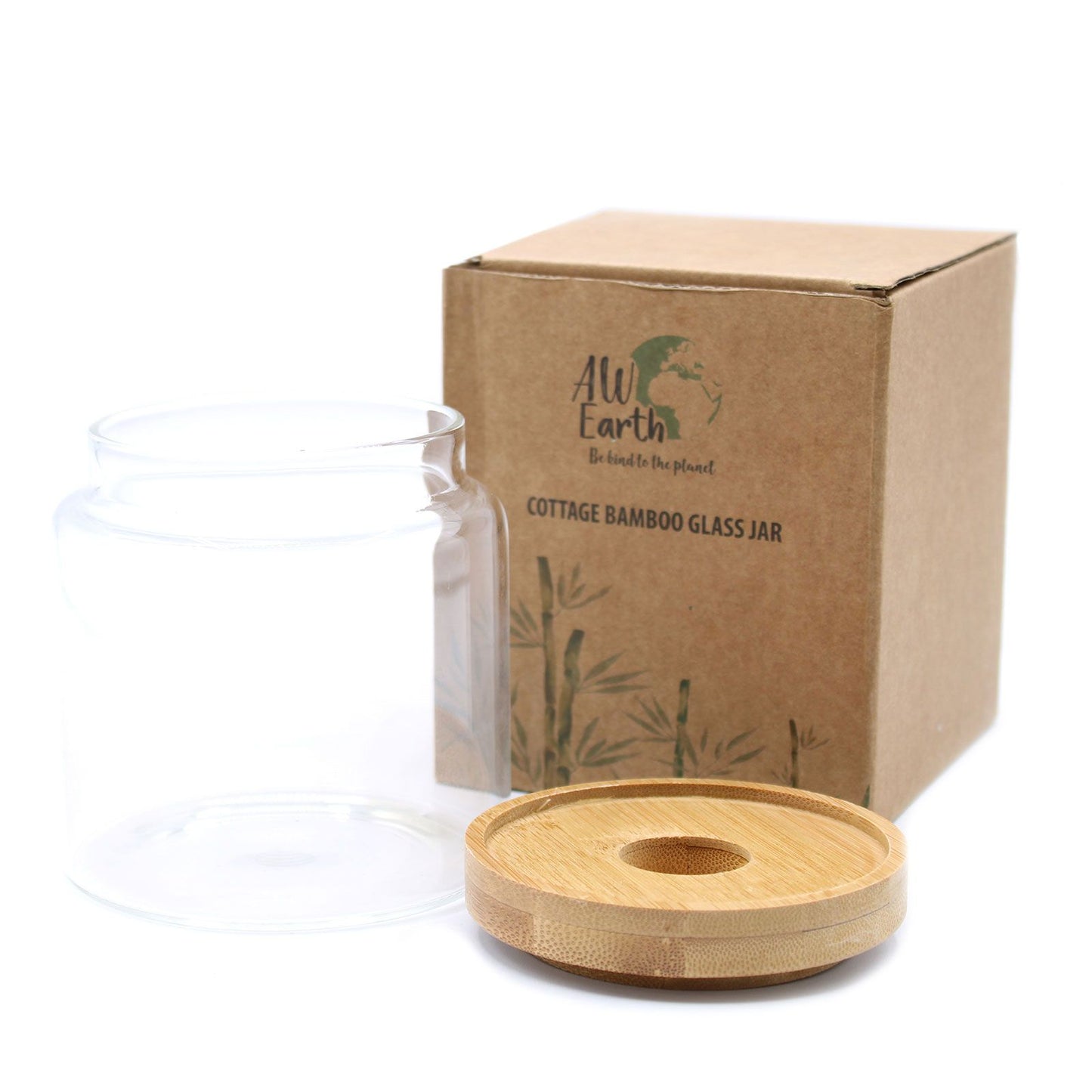 Vorratsglas aus Glas mit Bambusdeckel und Bambusmotiv auf der Verpackung.