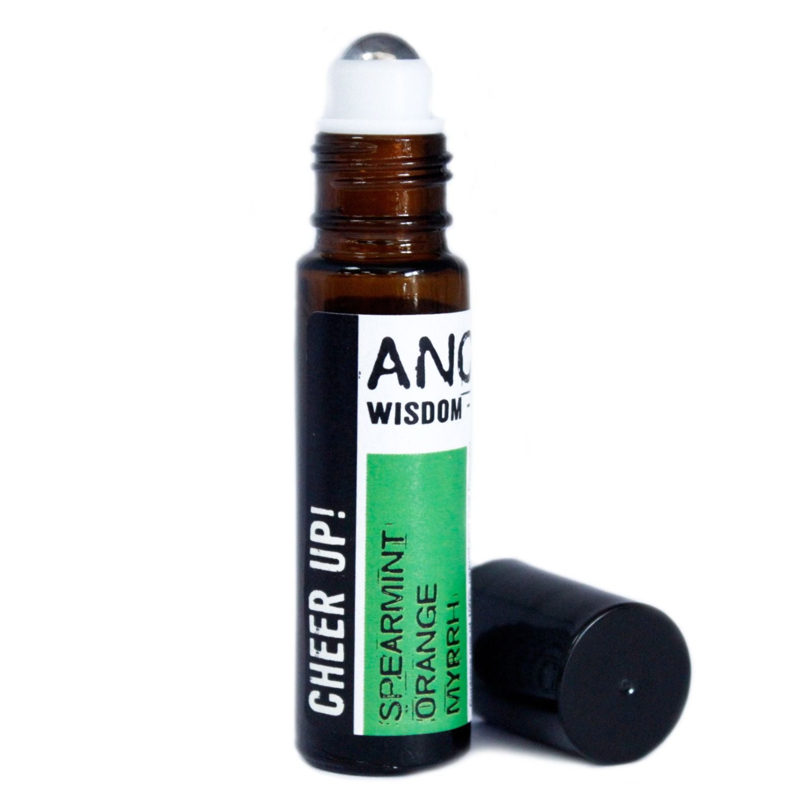 10ml Roll-On Flasche mit "Cheer Up!" Aufschrift und ätherischen Ölen.