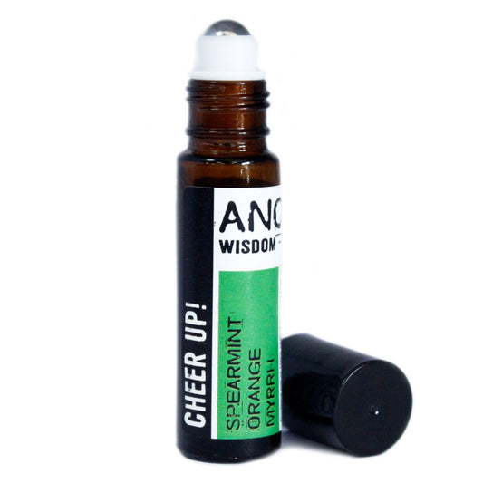 10ml Roll-On Flasche mit "Cheer Up!" Aufschrift und ätherischen Ölen.