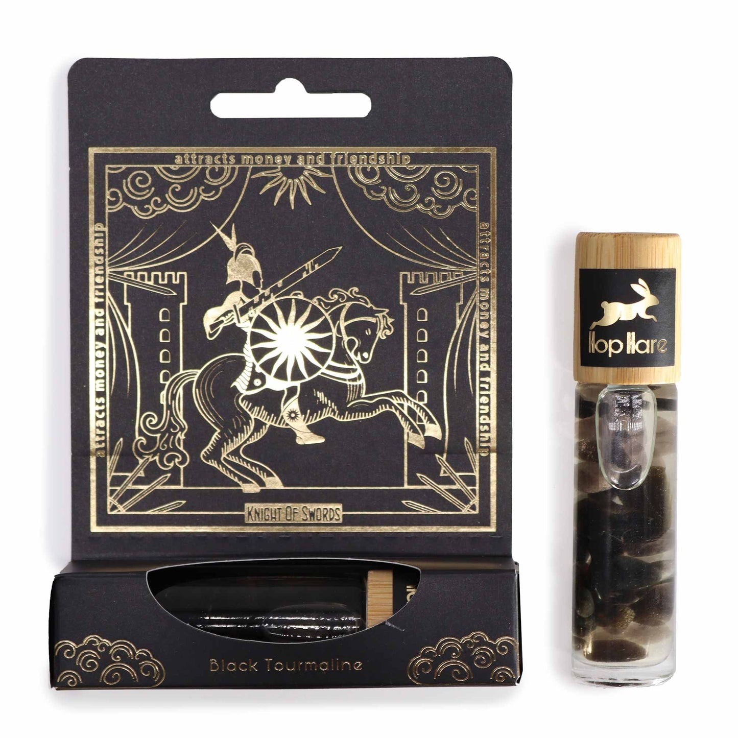 Roll-On Flasche mit schwarzem Turmalin und Tarot-Design.